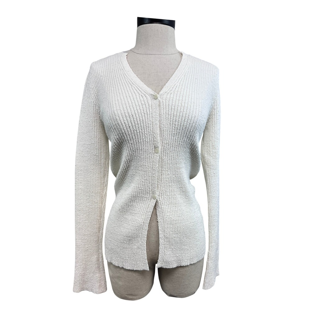 A.L.C. Cardigan Sweater Womens L White Excellent Ribbed V-Neck Button Front